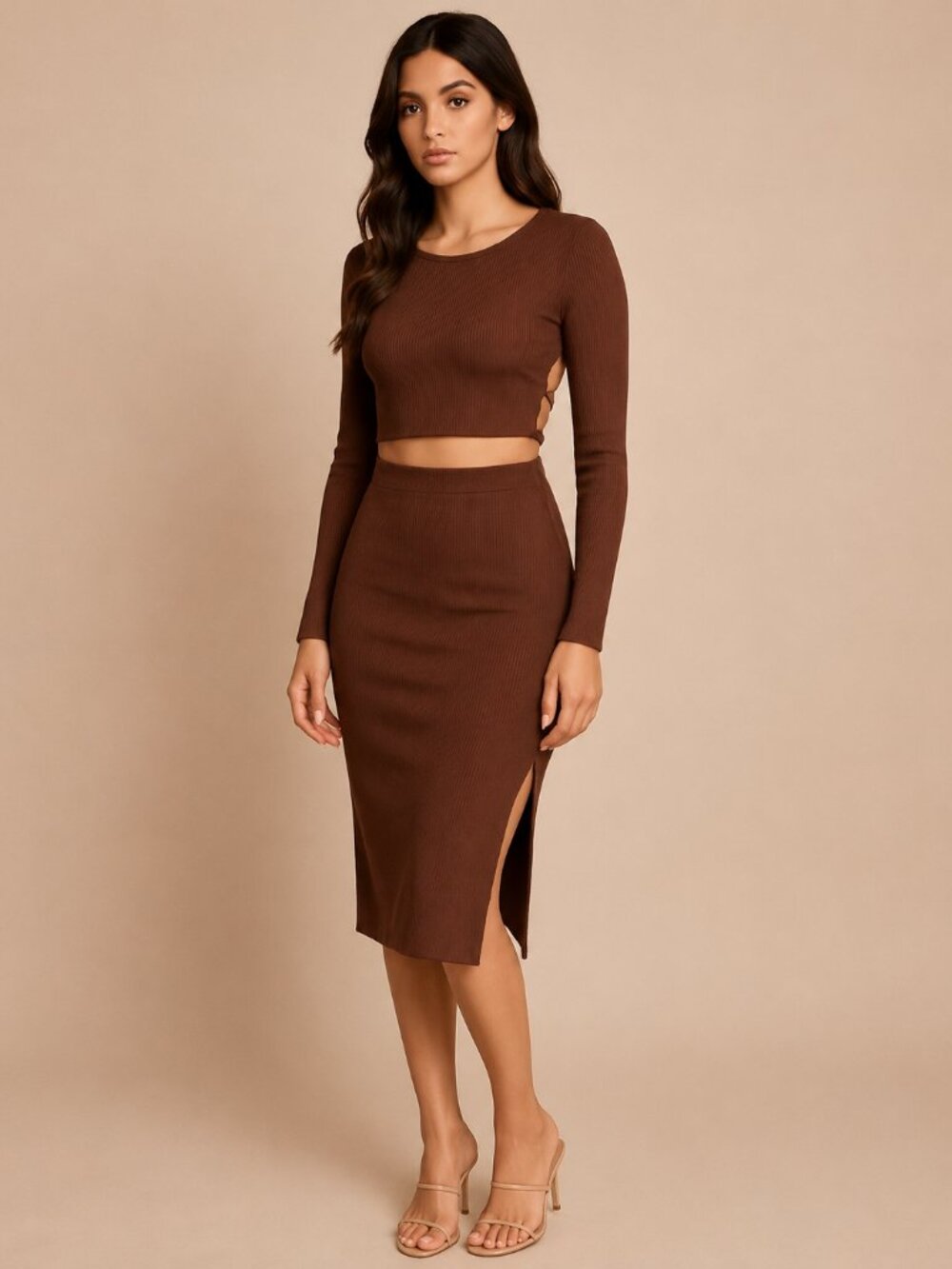SolyHux Brown Ribbed Two-Piece Skirt Set Open Back Long Sleeve Outfit